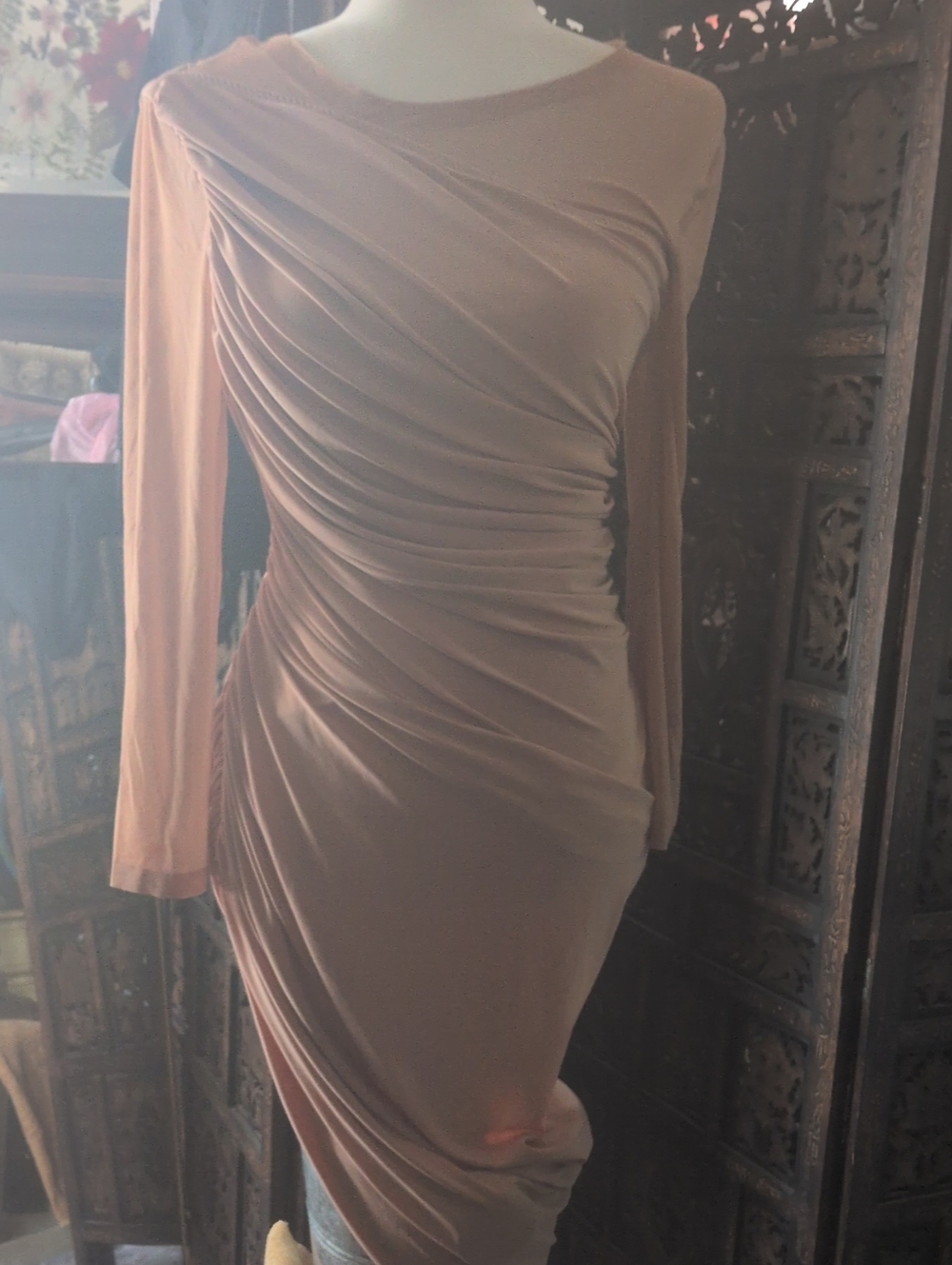 Norma Kamali Blush Ruched Long-Sleeve Bodycon Dress